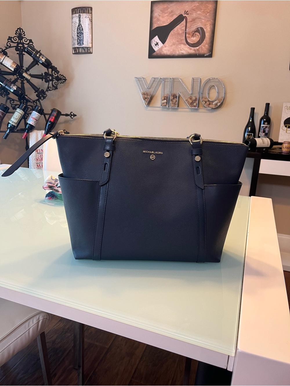 Michael Kors Navy Saffiano Leather Tote with Gold Hardware